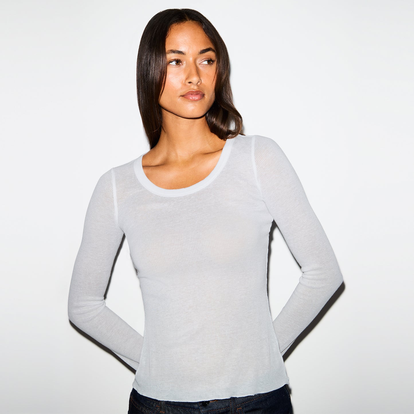 SKIMS Sheer Cotton Long Sleeve Wide Crew